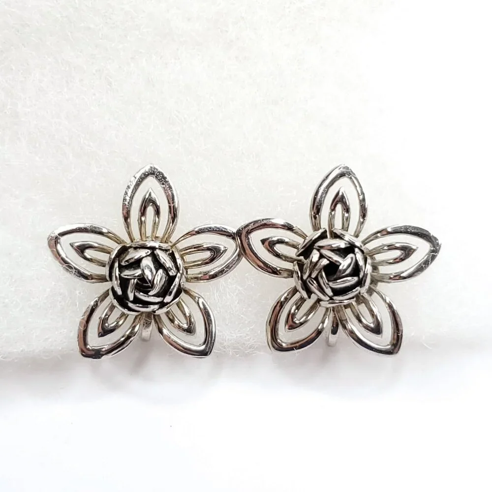 Vintage Floral Earrings Silver Tone 3D Layer Flower Screw Back 1 1/4